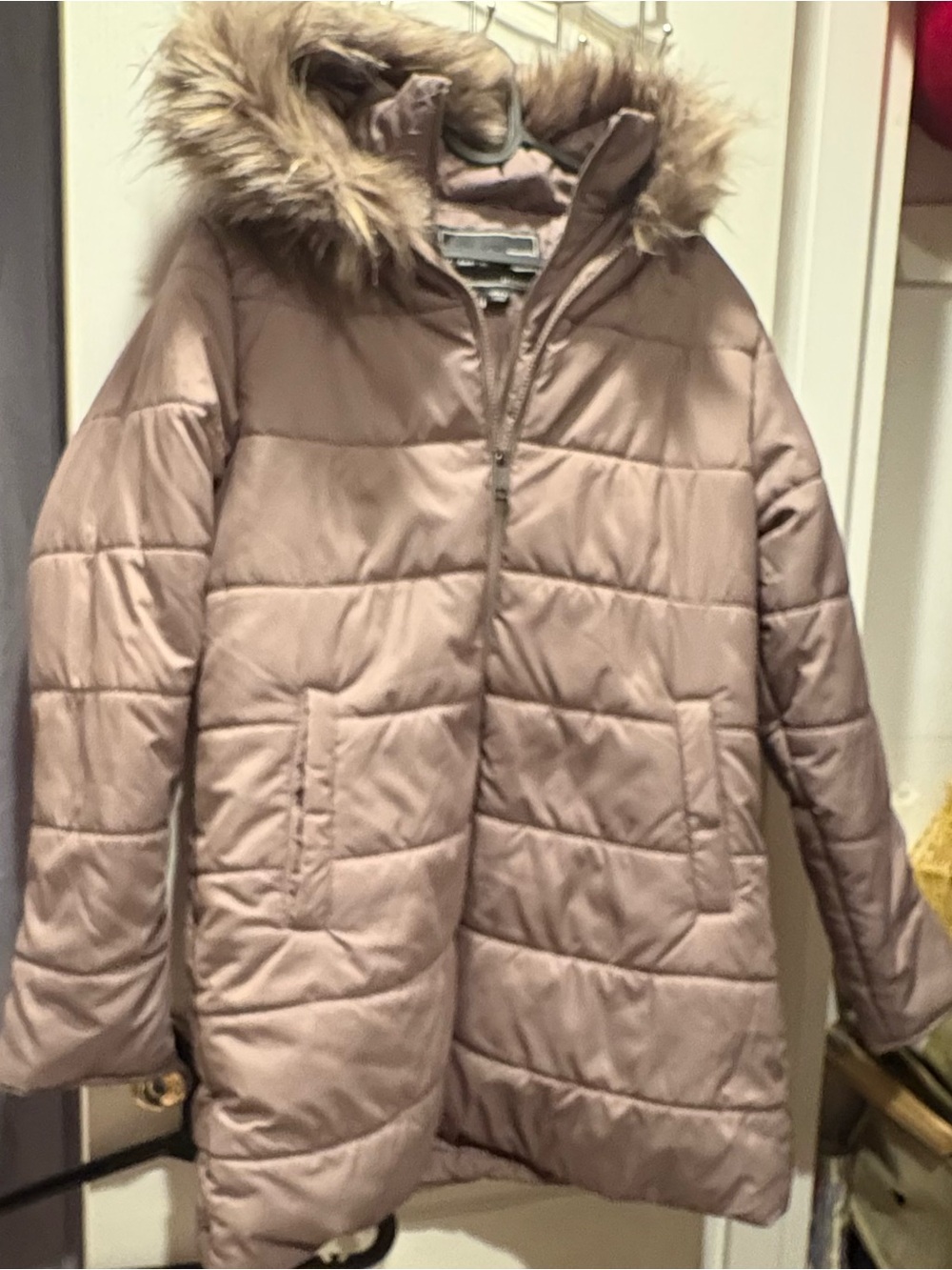 Rothschild Quilted Puffer Coat with Faux Fur Hood - Taupe